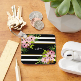 Llavero Blanco negro rayado de oro floral personalizado
