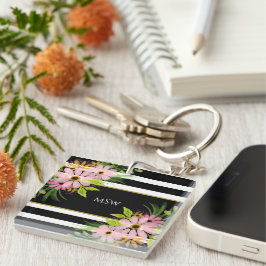 Llavero Blanco negro rayado de oro floral personalizado