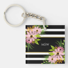 Llavero Blanco negro rayado de oro floral personalizado