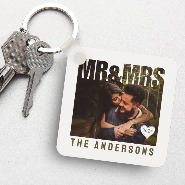 Llavero Bloque de foto de Sr. y Sra. con el nombre de aniv (Mr & Mrs Photo Block Heart Anniversary Name Keychain
)