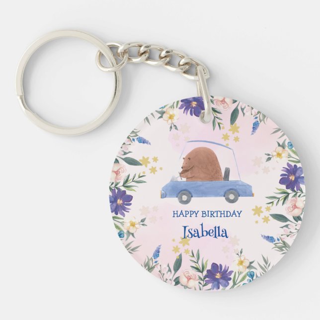 Llavero Blue Bear Race Car Flor tropical Fiesta de cumplea (Frente)