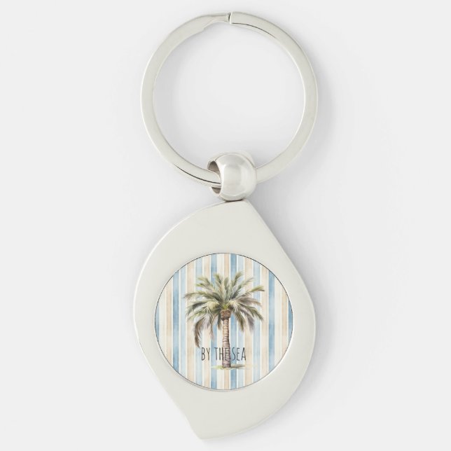 Llavero Blue Cream Stripes Tropical Palm Tree (Anverso)