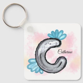 Llavero Blue Floral Watercolor Letter C