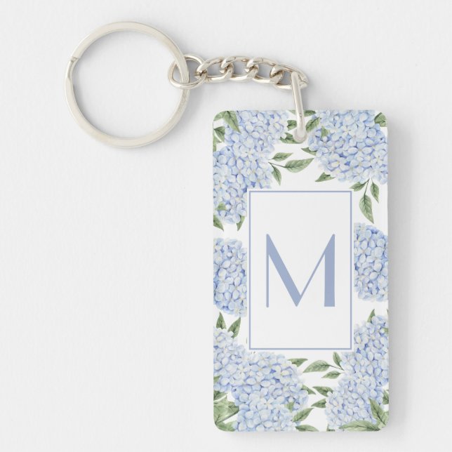 Llavero Blue Hydrangea Single Initial Monogram Custom (Frente)