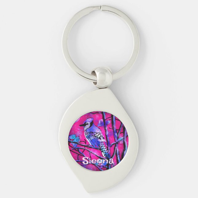 Llavero Blue Jay Bird Tree Branch Pink Personalized  (Anverso)