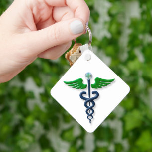 Llavero Blue Medical Stylish Caduceus Green Wings Cross