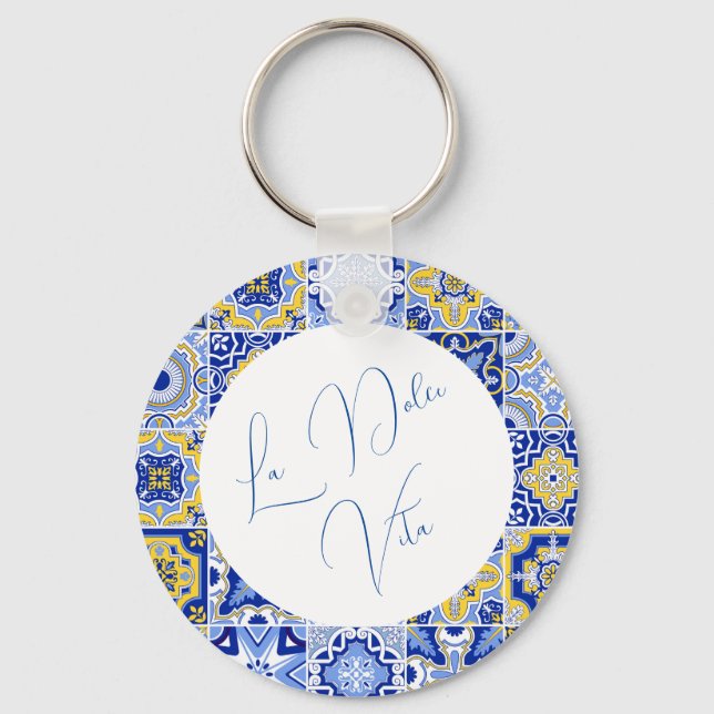 Llavero Blue Mediterranean Tile & Citrus Boda (Anverso)
