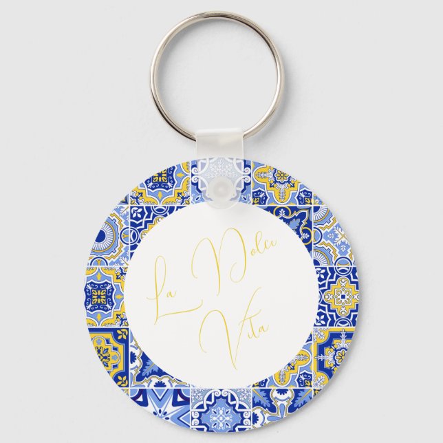 Llavero Blue Mediterranean Tile & Citrus Boda (Anverso)