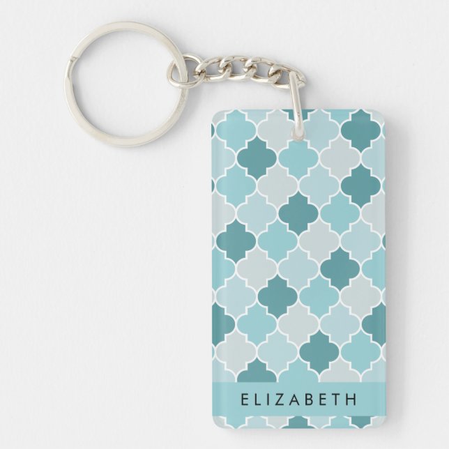 Llavero Blue Moroccan Trellis, Quatrefoil, tu nombre (Frente)