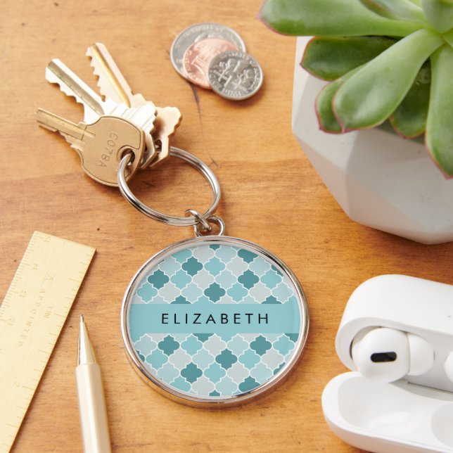 Llavero Blue Moroccan Trellis, Quatrefoil, tu nombre (Escritorio )