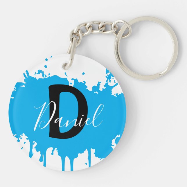 Llavero Blue Paint Splash Monogram Keychain Personalized (Atrás)
