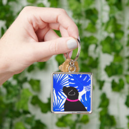 Llavero Blue White Tropical Island Black Dog Keychain