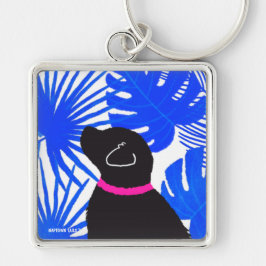 Llavero Blue White Tropical Island Black Dog Keychain