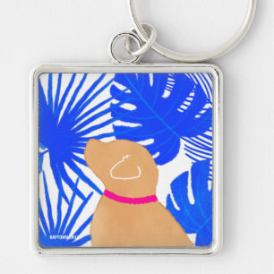 Llavero Blue White Tropical Island Yellow Dog Keychain