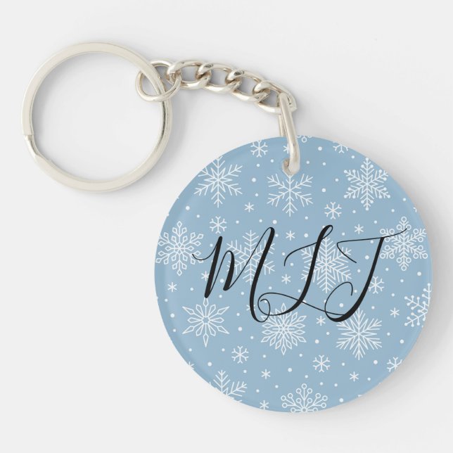 Llavero Blue Winter Snowflakes Initial Monogram  (Frente)