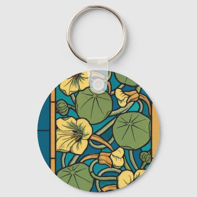 Llavero Blue Yellow Nasturtium Flower Nouveau Pattern (Anverso)