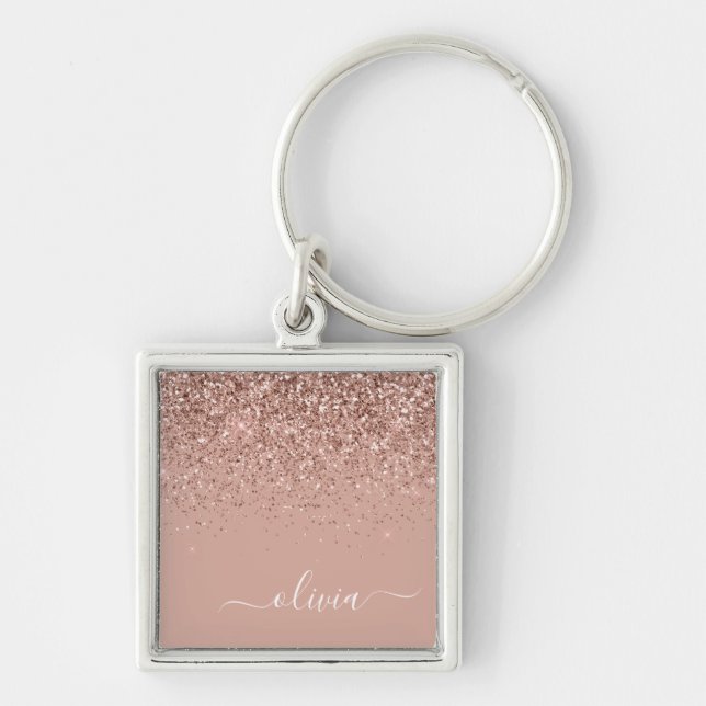 Llavero Blush Rosa Rosa Dorado Glitter Script Monograma Fe (Frente)