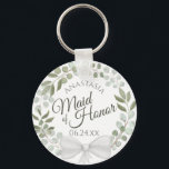 Llavero Boda de la guerra de eucalipto ruso de honor<br><div class="desc">Estas cadenas están diseñadas para dar como un favor o un regalo para la doncella de honor en su fiesta de bodas. Presentan un diseño de acuarela rústico pintado a mano con una corona de eucalipto y follaje en tonos menta, musgo y verde salvia. El texto está escrito en elegantes...</div>