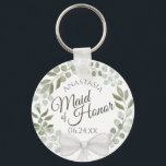 Llavero Boda de la guerra de eucalipto ruso de honor<br><div class="desc">Estas cadenas están diseñadas para dar como un favor o un regalo para la doncella de honor en su fiesta de bodas. Presentan un diseño de acuarela rústico pintado a mano con una corona de eucalipto y follaje en tonos menta, musgo y verde salvia. El texto está escrito en elegantes...</div>