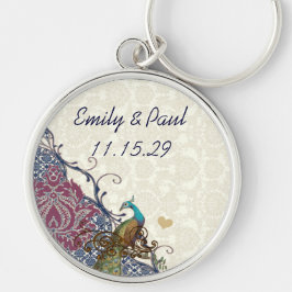 Llavero Boda de pavo real Damask elegante de Navy y Berry 