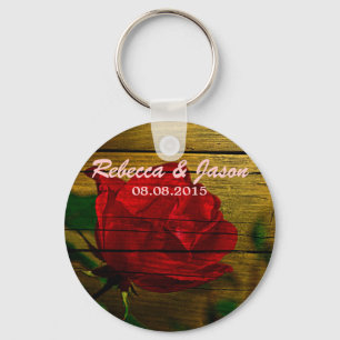 Llavero boda de rosa roja de verano de madera de grano de