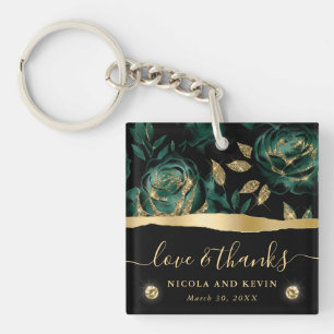 Llavero Boda floral de rosa elegante verde y dorado con br