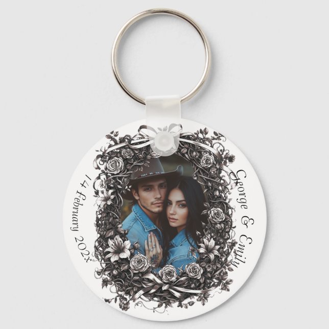 Llavero Boda floral rústica, sepia. (Anverso)