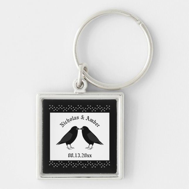 Llavero Boda gótico Kissing Ravens Personalizado (Frente)
