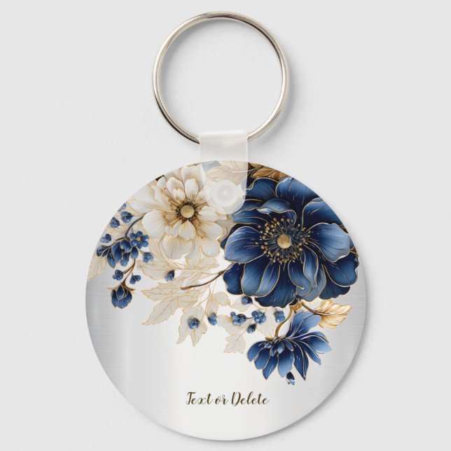 Llavero Boda Navy Blue White Golden Floral Silver (Anverso)