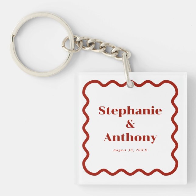 Llavero Boda rojo oscuro del borde ondulado del retro de l (Frente)