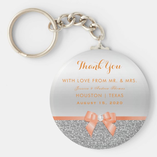 Llavero Boda Romántico de Coral Bow & Silver Purpurina (Frente)