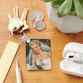 Llavero Boda vintage, novia retro con chica flor