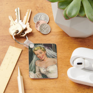 Llavero Boda vintage, novia retro con chica flor