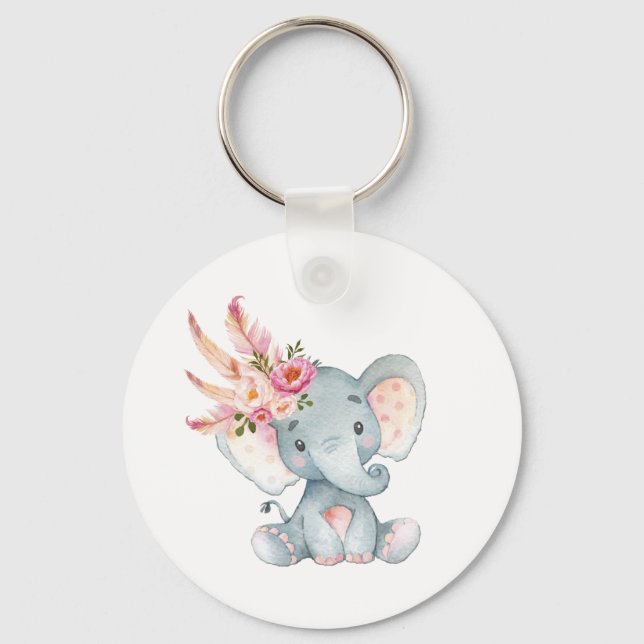Llavero Boho Elephant Pink Floral Keychain Birthday Favors (Anverso)