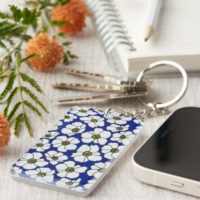 Llavero Boho Floral Sobre Azul Con Nombre  (Frente Derecha)