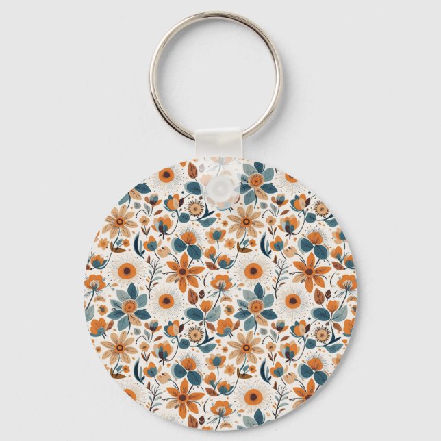 Llavero Boho Folk Art Wildflower Meadow Rust Teal Floral (Anverso)