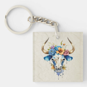 Llavero Boho Moda Watercolor Floral Cow Skull