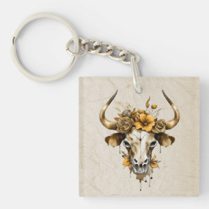 Llavero Boho Moda Watercolor Floral Cow Skull
