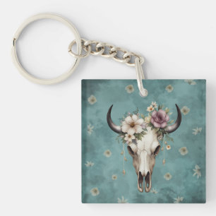 Llavero Boho Moda Watercolor Floral Cow Skull