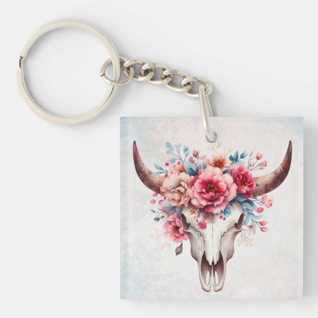 Llavero Boho Moda Watercolor Floral Cow Skull (Frente)