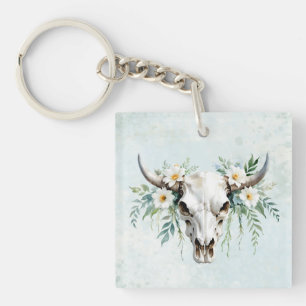Llavero Boho Moda Watercolor Floral Cow Skull