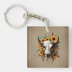 Llavero Boho Moda Watercolor Foco de girasol Cow Skull