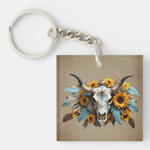 Llavero Boho Moda Watercolor Foco de girasol Cow Skull