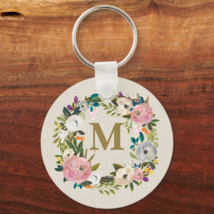 Llavero Bolsa de lona con monograma personalizado de flore