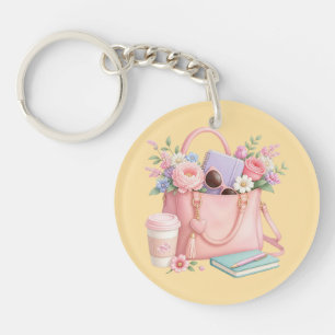 Llavero Bolso floral rosa bonito con fondo amarillo