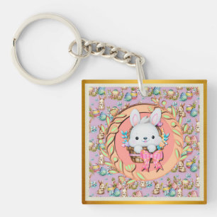 Llavero Bonito conejo de Pascua sentado en la canasta