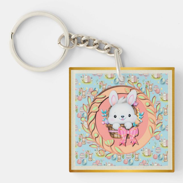 Llavero Bonito conejo de Pascua sentado en la canasta (Frente)