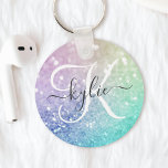 Llavero Bonito del Hológrafo Purpurina glamuroso Personali<br><div class="desc">Personalice fácilmente este elegante y colorido patrón de purpurina bokeh con su nombre personalizado y/o monograma.</div>