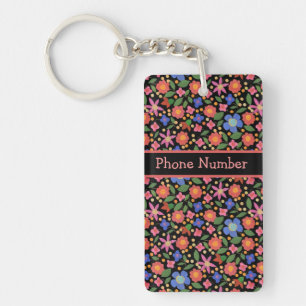 Llavero Bonito Estilo Arte Folclórico Floral Black Oblong 