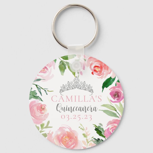 Llavero Bonito Floral Quinceañera Plata Tiara Fiesta (Anverso)